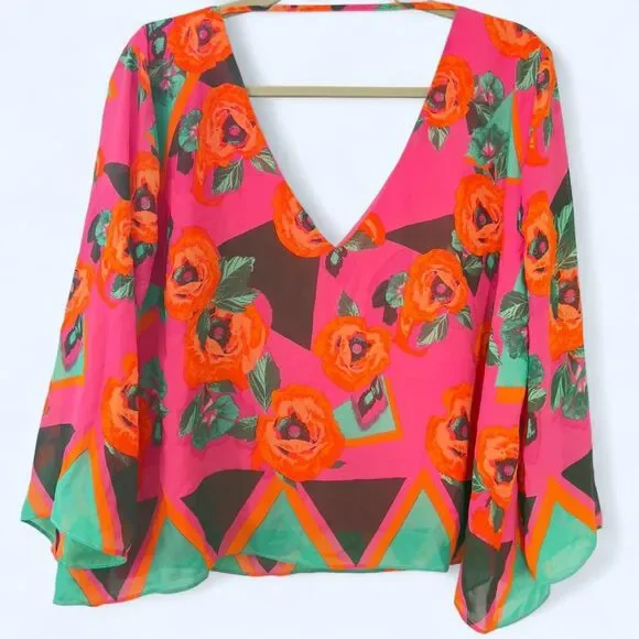 Bisou Bisou multicoloured floral blouse with a deep V-neck and bell sleeves - Picture 4 of 5